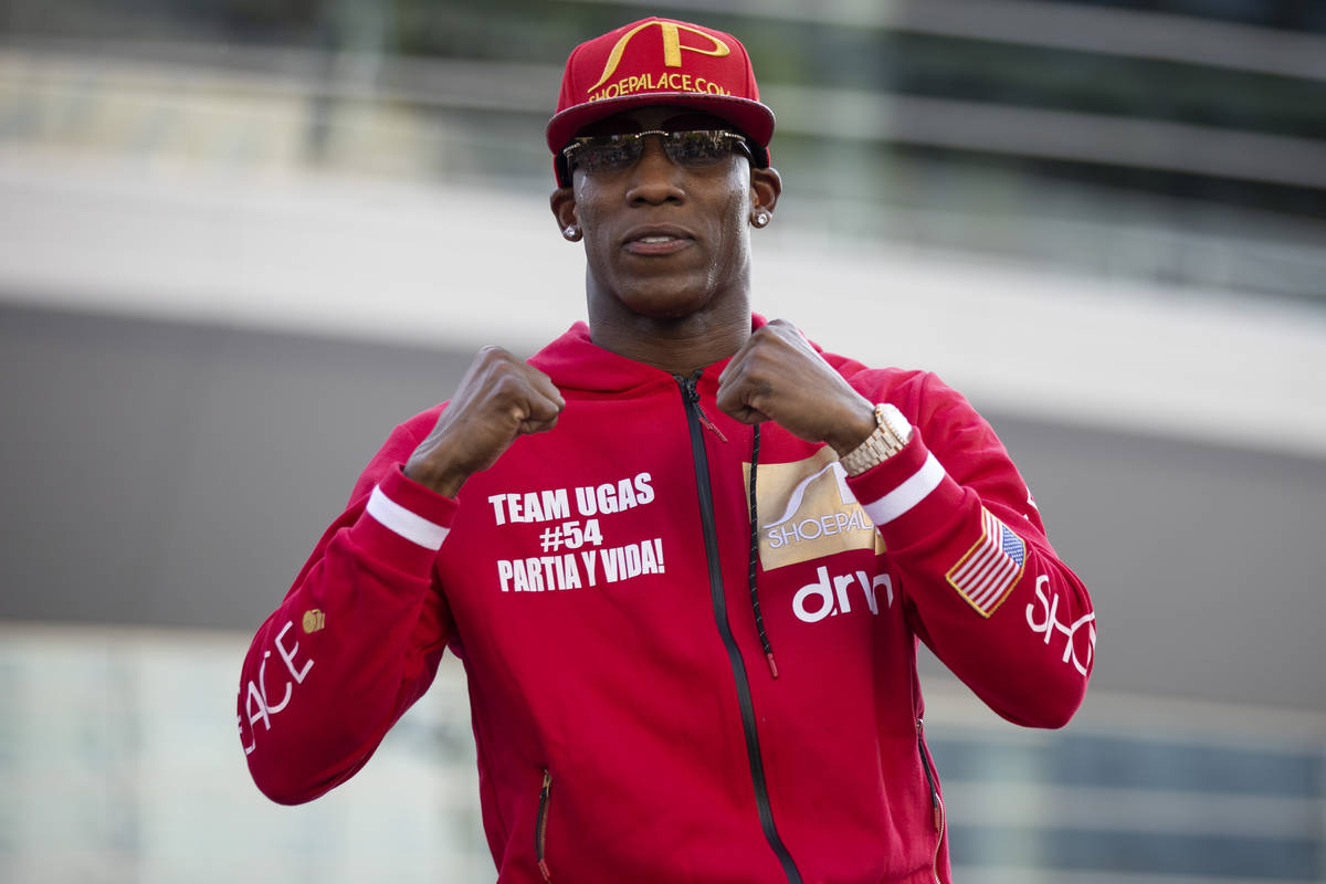 Yordenis Ugas poses during his grand arrival at Toshiba Plaza in Las Vegas, Tuesday, Aug. 17, 2 ...