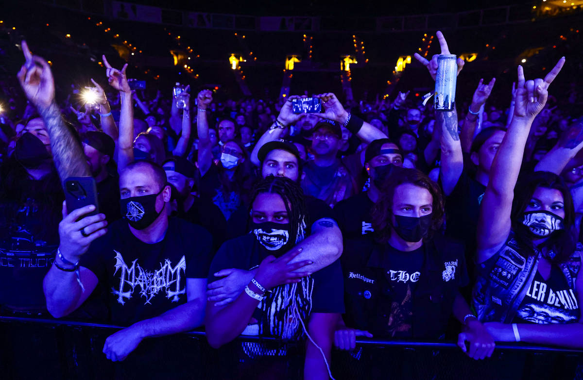 Fans cheer as Obituary takes the stage during Psycho Las Vegas at Mandalay Bay in Las Vegas on ...