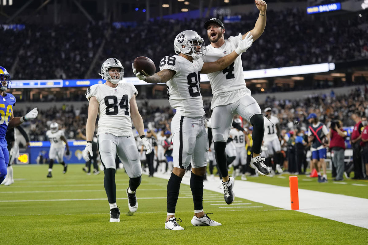 Las Vegas Raiders wide receiver Marcell Ateman (88) celebrates his touchdown catch with quarter ...