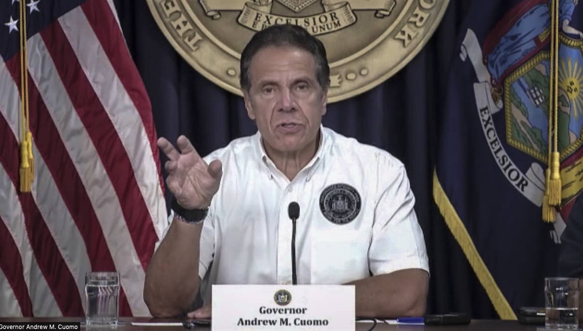 Governor Andrew Cuomo speaks during a Zoom-cast news briefing, Saturday Aug. 21, 2021, in New Y ...