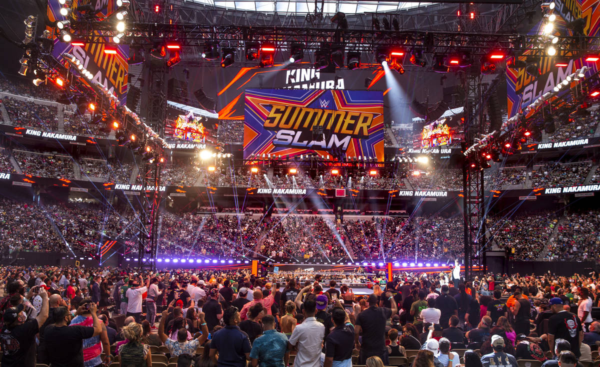 Fans celebrate as King Nakamura arrives during WWE SummerSlam 2021 at Allegiant Stadium on Satu ...