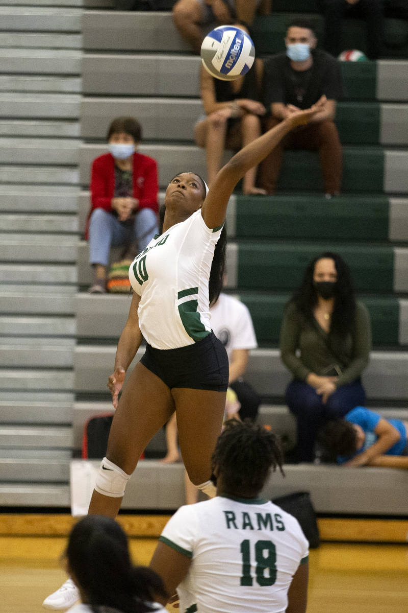 Rancho's Leah Miller (10) goes for the kill during their high school volleyball game against We ...