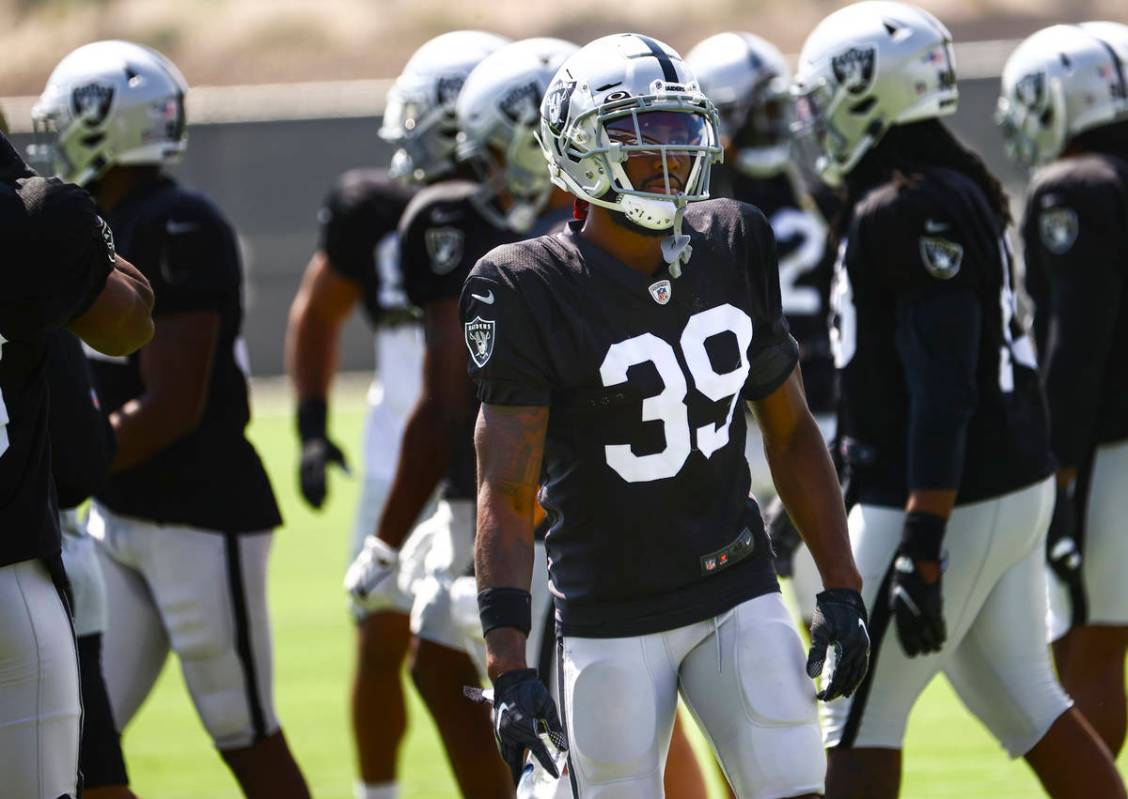 Raiders cornerback Nate Hobbs looks on during training camp at Raiders Headquarters/Intermounta ...