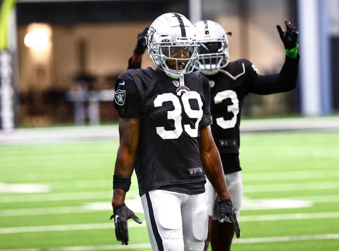 Raiders cornerback Nate Hobbs (39) looks on during training camp at Raiders Headquarters/Interm ...