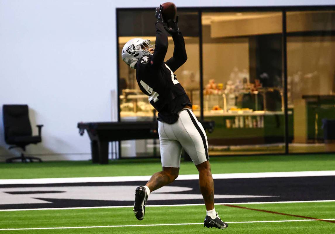 Raiders defensive back Johnathan Abram catches a pass during training camp at Raiders Headquart ...