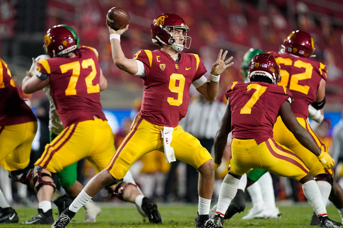 FILE - In this Dec 18, 2020, file photo, Southern California quarterback Kedon Slovis (9) throw ...