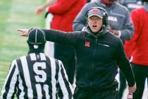 Nebraska head coach Scott Frost complains to side judge Todd Ransom during the first half of an ...