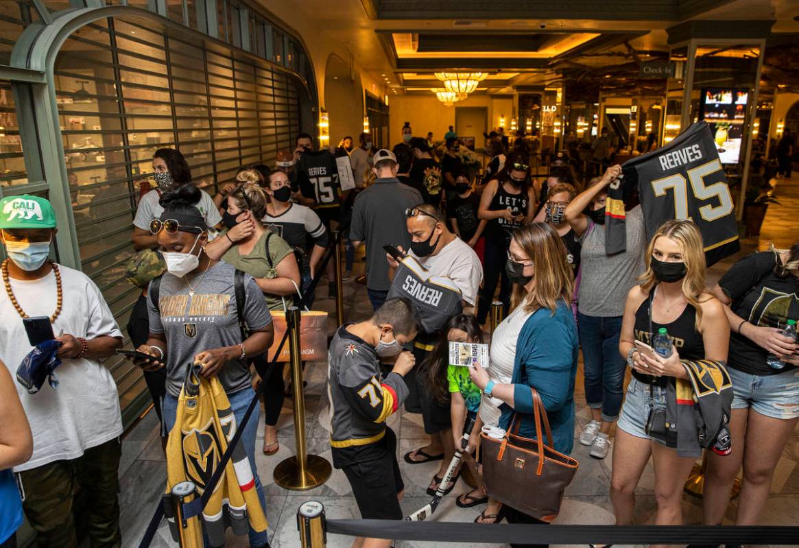 Fans wait in line to meet former Golden Knights player Ryan Reaves during a Send-Off Party at P ...