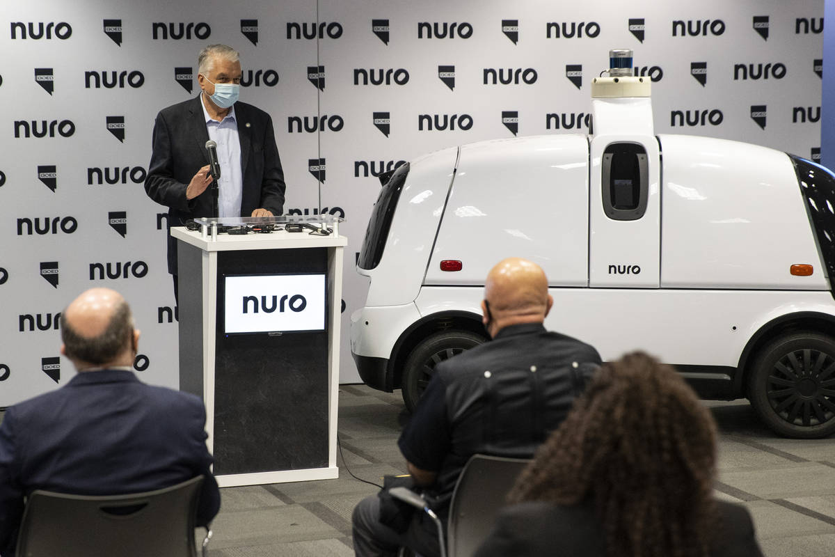 Gov. Steve Sisolak speaks during a press conference where the autonomous delivery company Nuro ...