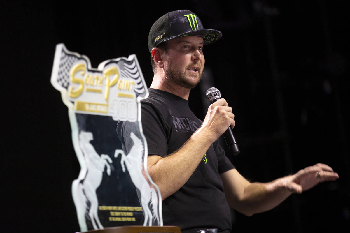 Kurt Busch, a NASCAR driver from Las Vegas, answers questions from fans during an event in The ...