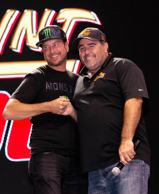 NASCAR driver Kurt Busch, left, and former NASCAR driver Brendan Gaughan, both from Las Vegas, ...