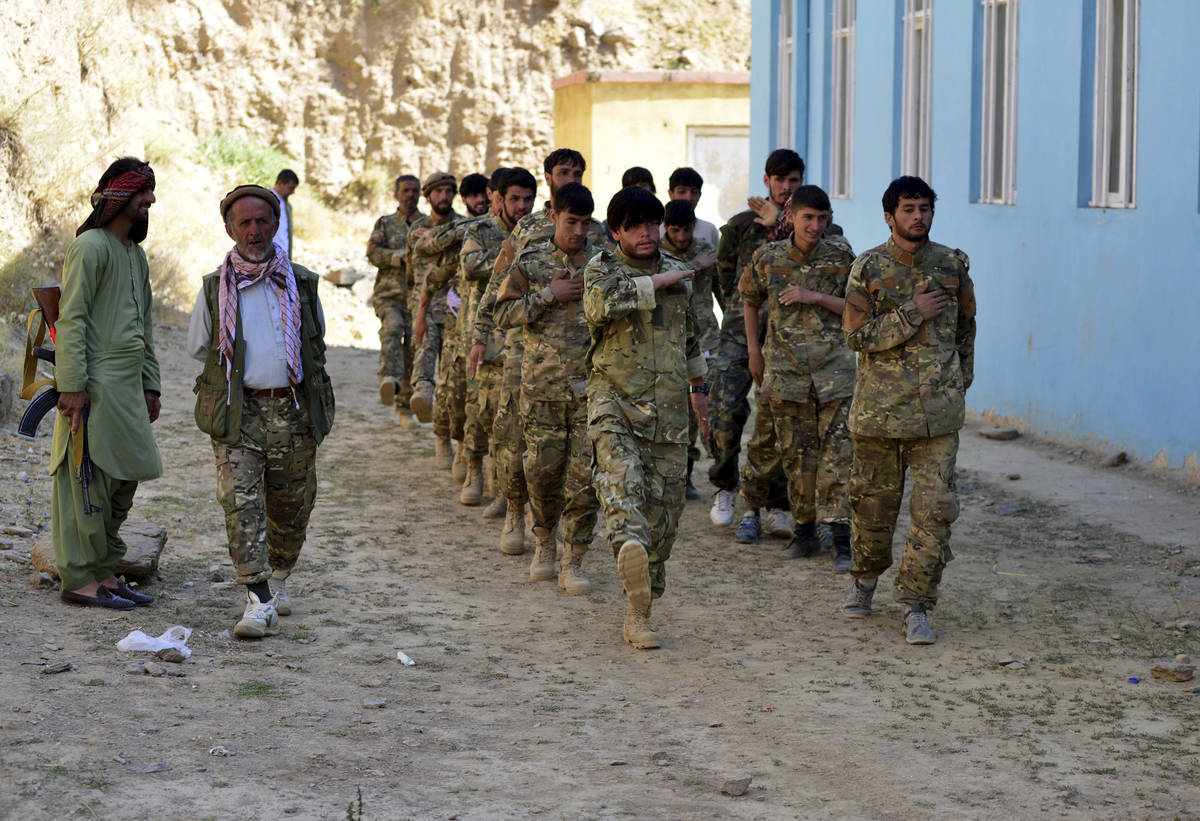 Militiamen loyal to Ahmad Massoud, son of the late Ahmad Shah Massoud, take part in a training ...