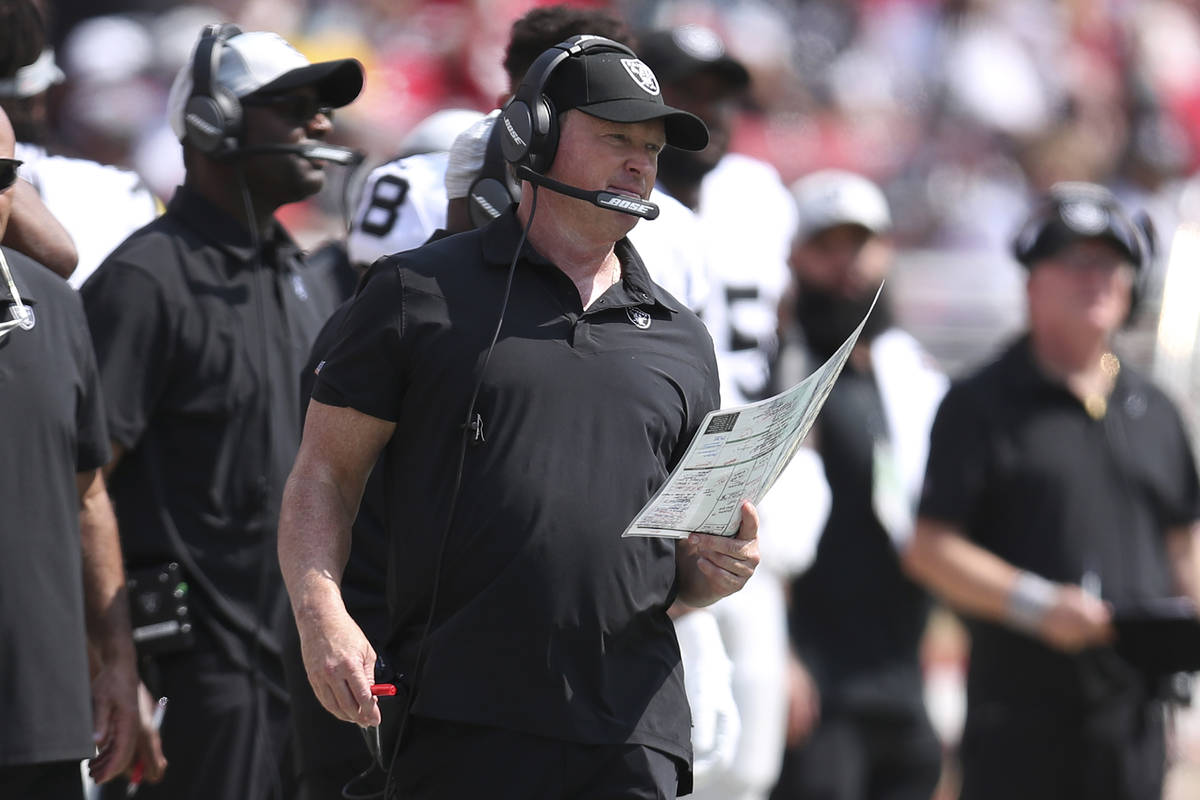 Las Vegas Raiders head coach Jon Gruden looks on during the second half of an NFL preseason foo ...