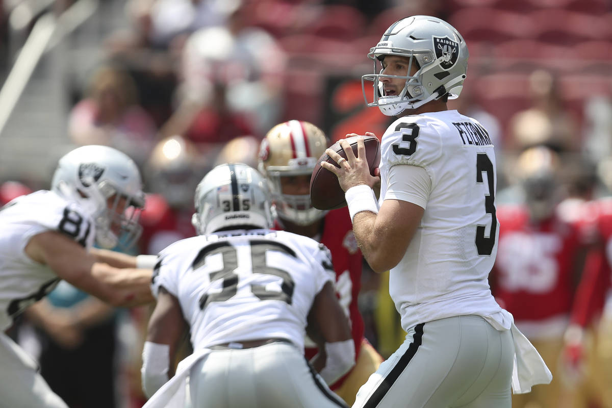 Las Vegas Raiders quarterback Nathan Peterman (3) passes against the San Francisco 49ers during ...