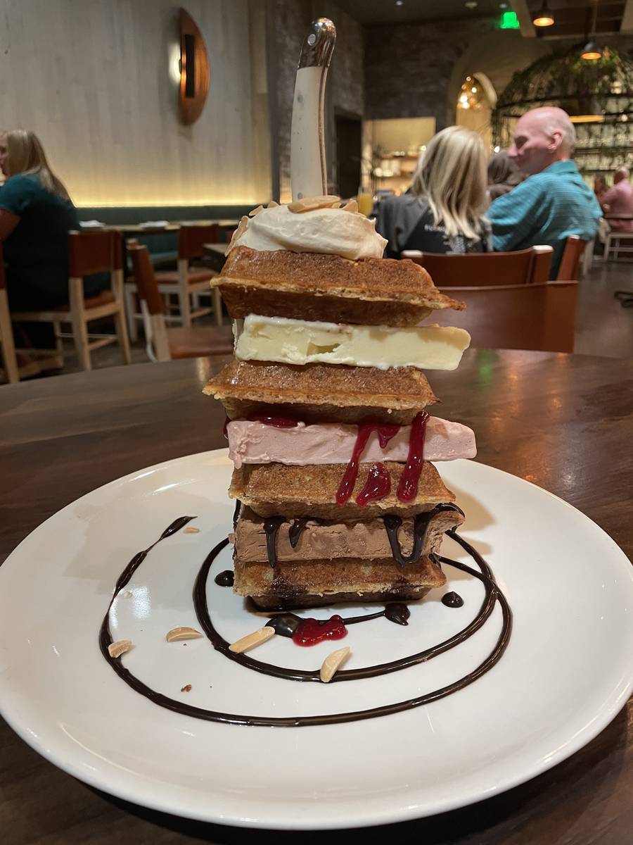 The Anytime Waffle Tower created with maple, milk chocolate and raspberry ice cream, chocolate ...