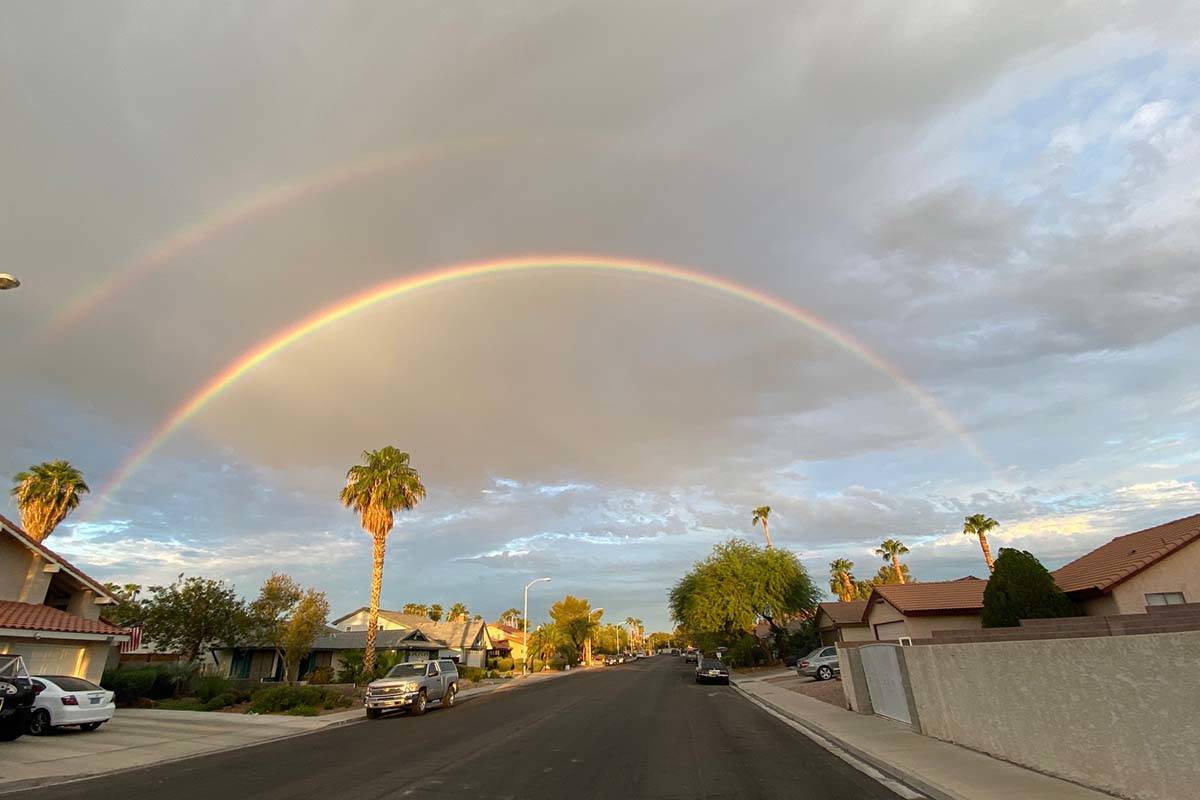 A double rainbow appears over Henderson Tuesday morning, Aug. 31, 2021. (Michael Quine/Las Vega ...