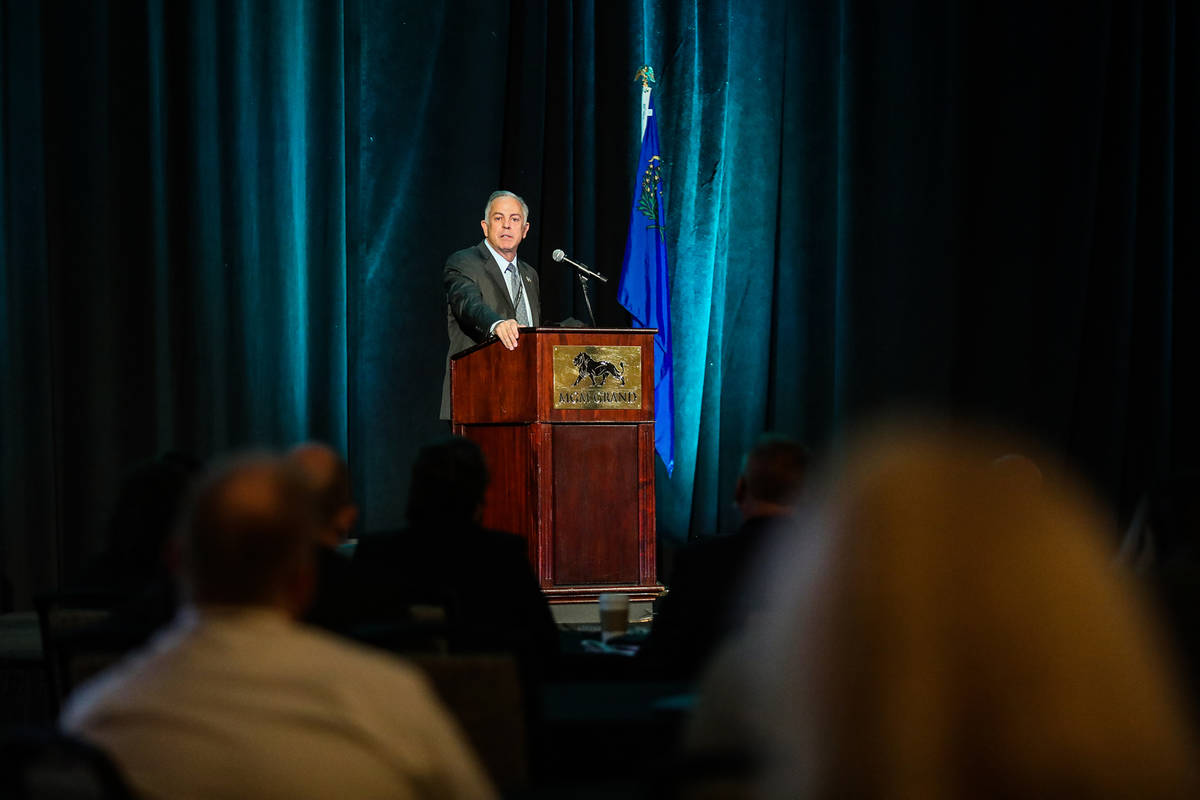 Sheriff Joe Lombardo addresses the audience at the National Homeland Security Conference on Tue ...