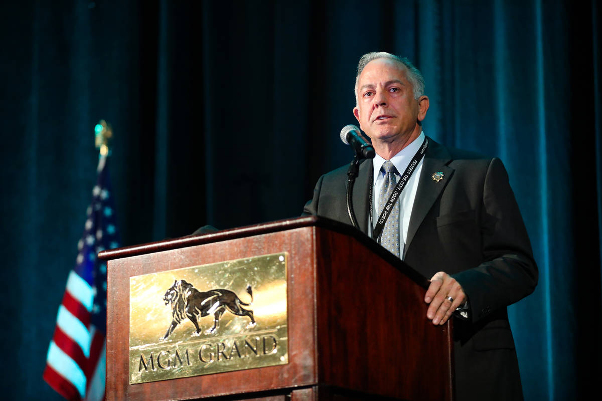Sheriff Joe Lombardo addresses the audience at the National Homeland Security Conference on Tue ...