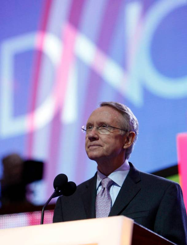 Senate Majority Leader Harry Reid, D-Nev., looks over the stage during a walk-through during th ...