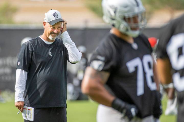 Raiders New Defensive Coordinator Gus Bradley observes his players during training camp at the ...