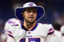 Buffalo Bills quarterback Josh Allen (17) on the sideline against the Detroit Lions during an N ...