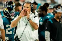 Jacksonville Jaguars head coach Urban Meyer talks to an official on the sideline during the sec ...