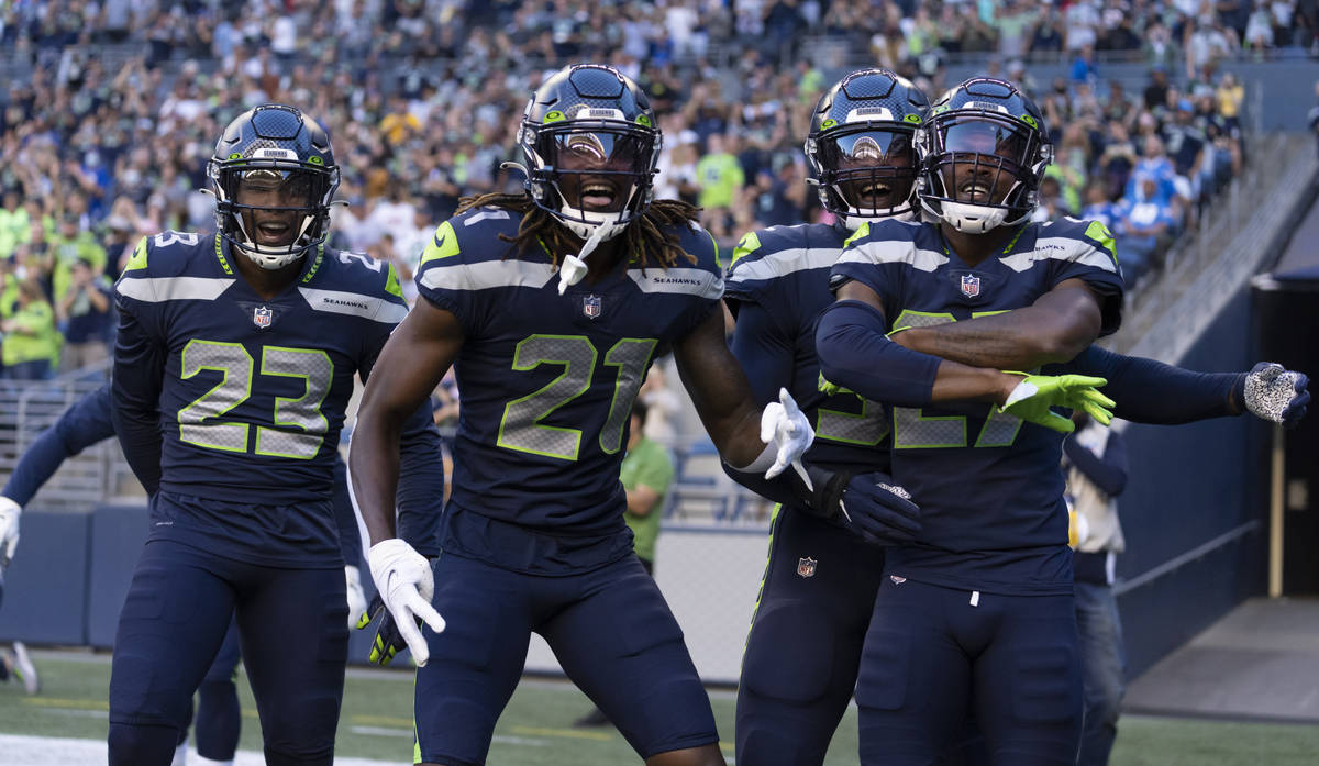 Seattle Seahawks, from left, defensive back Damarious Randall, defensive back Tre Flowers, defe ...