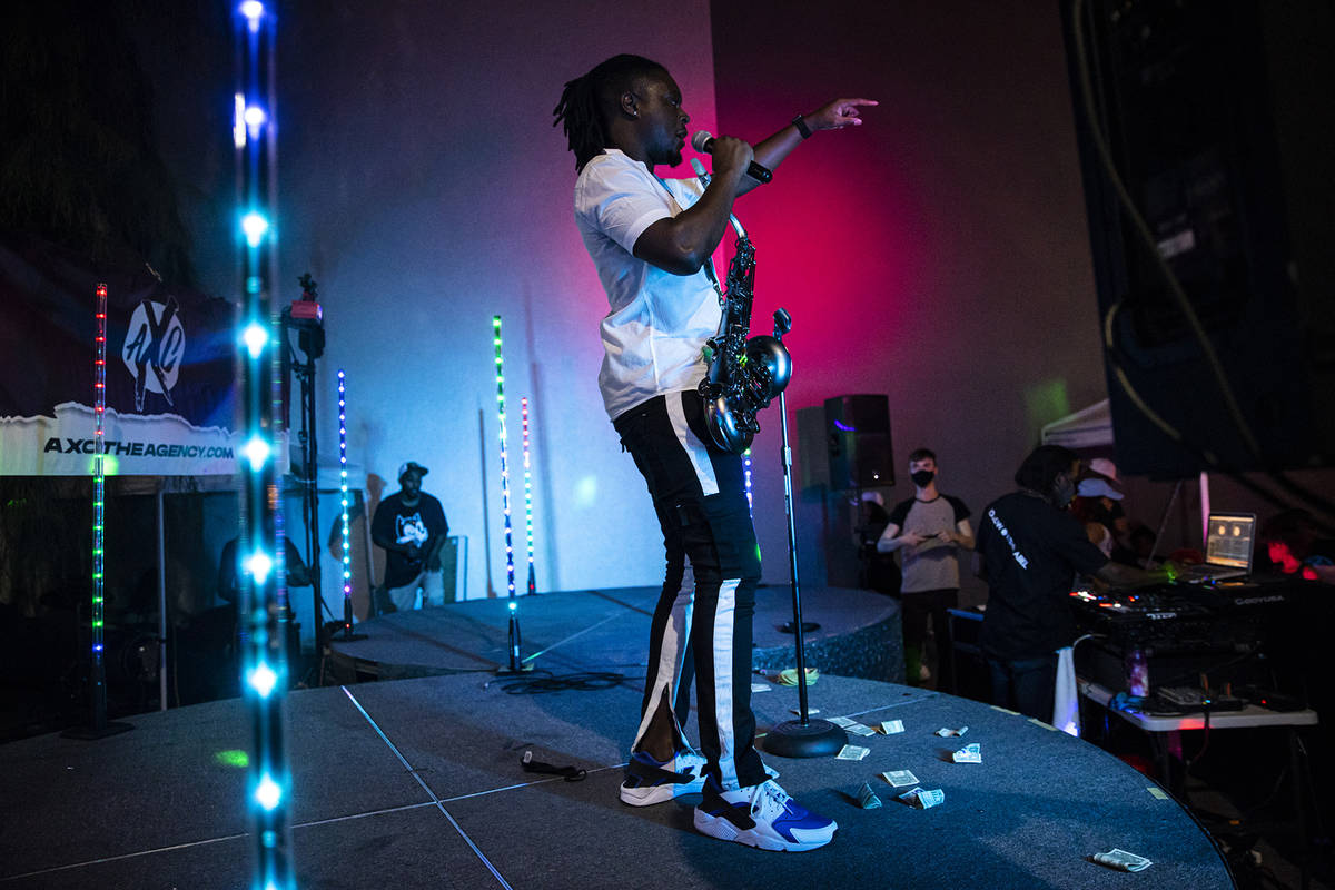 Darien Orr, or D.Orr Music, performs during First Friday in the Arts District of downtown Las V ...