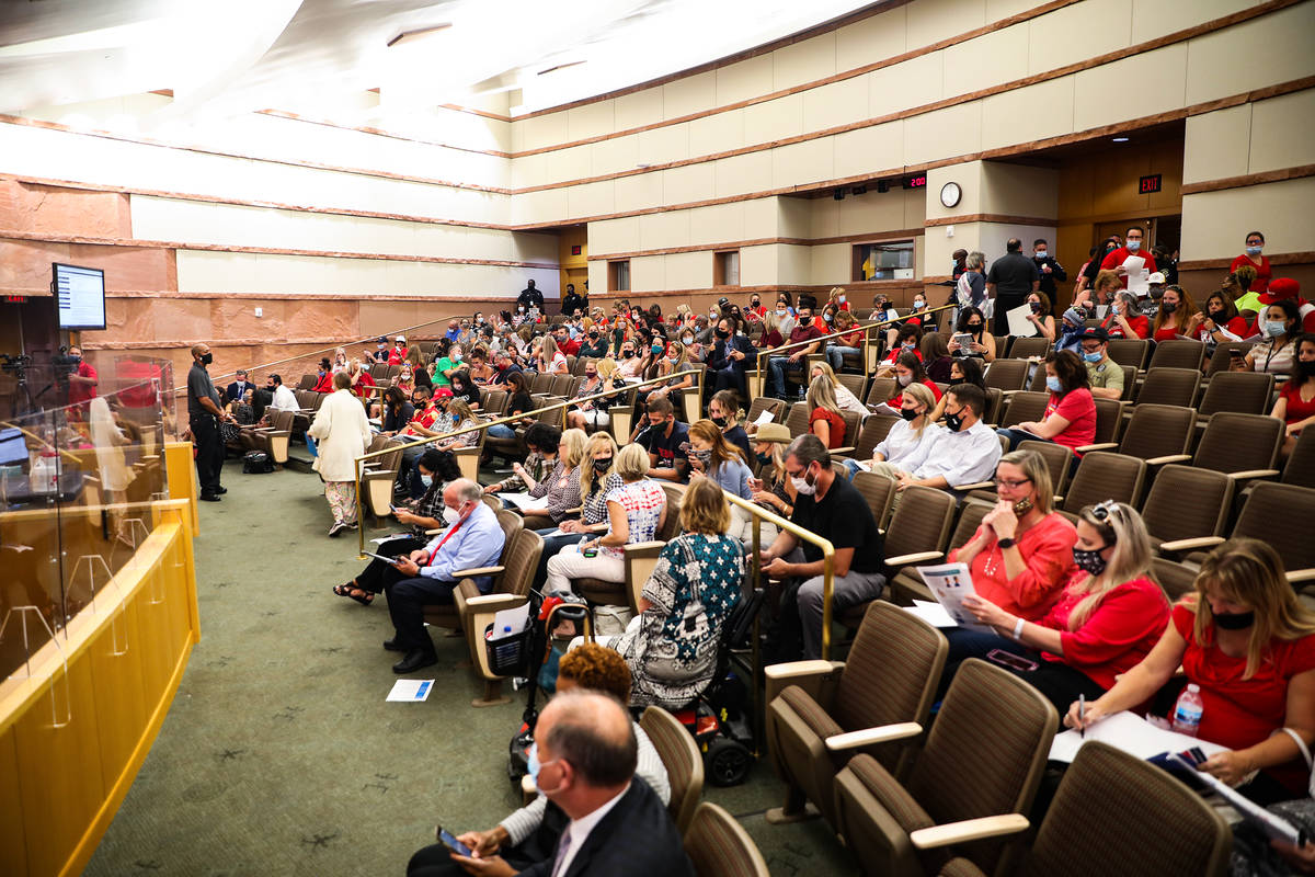 Concerned citizens fill the room for a Clark County School Board meeting regarding the possible ...