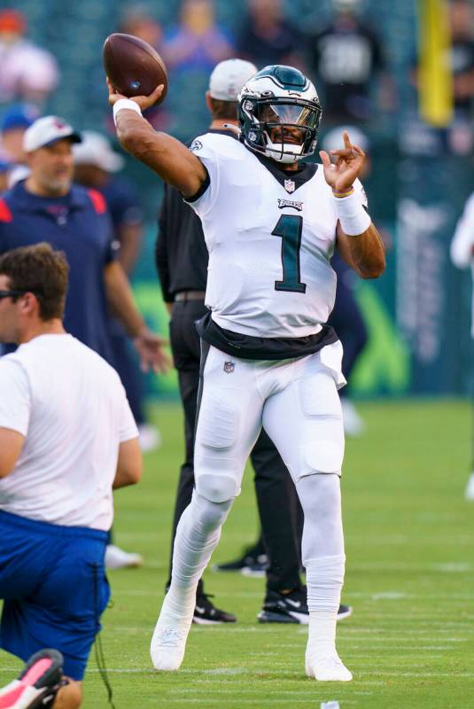 Philadelphia Eagles quarterback Jalen Hurts in action during the NFL football game against the ...