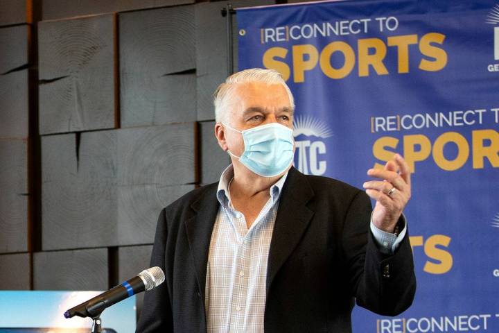 Gov. Steve Sisolak speaks during apress conference at Las Vegas Ballpark on Saturday, Aug. 7, 2 ...