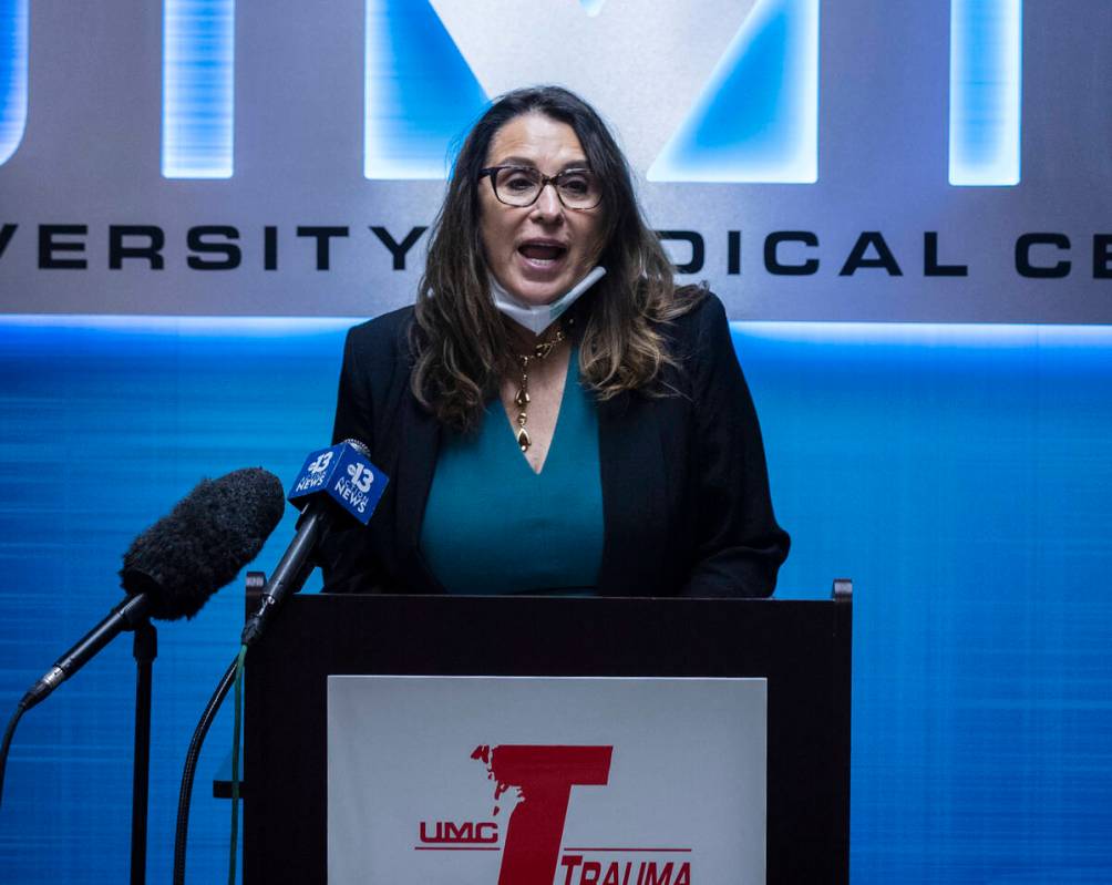 Las Vegas City Councilwoman Victoria Seaman speaks during a special event at UMC trauma center ...