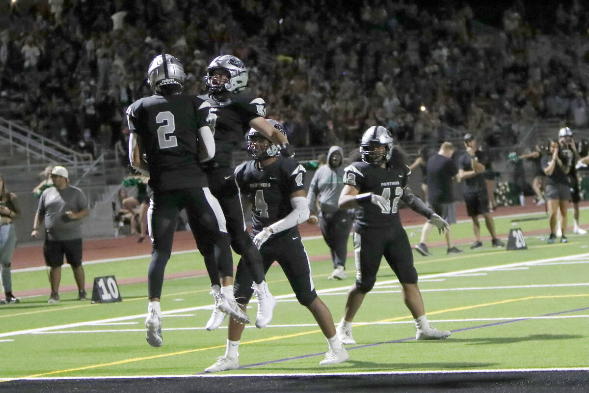 Palo Verde High School's Paisley Nickelson (2) celebrates his touchdown with his teammates Dust ...