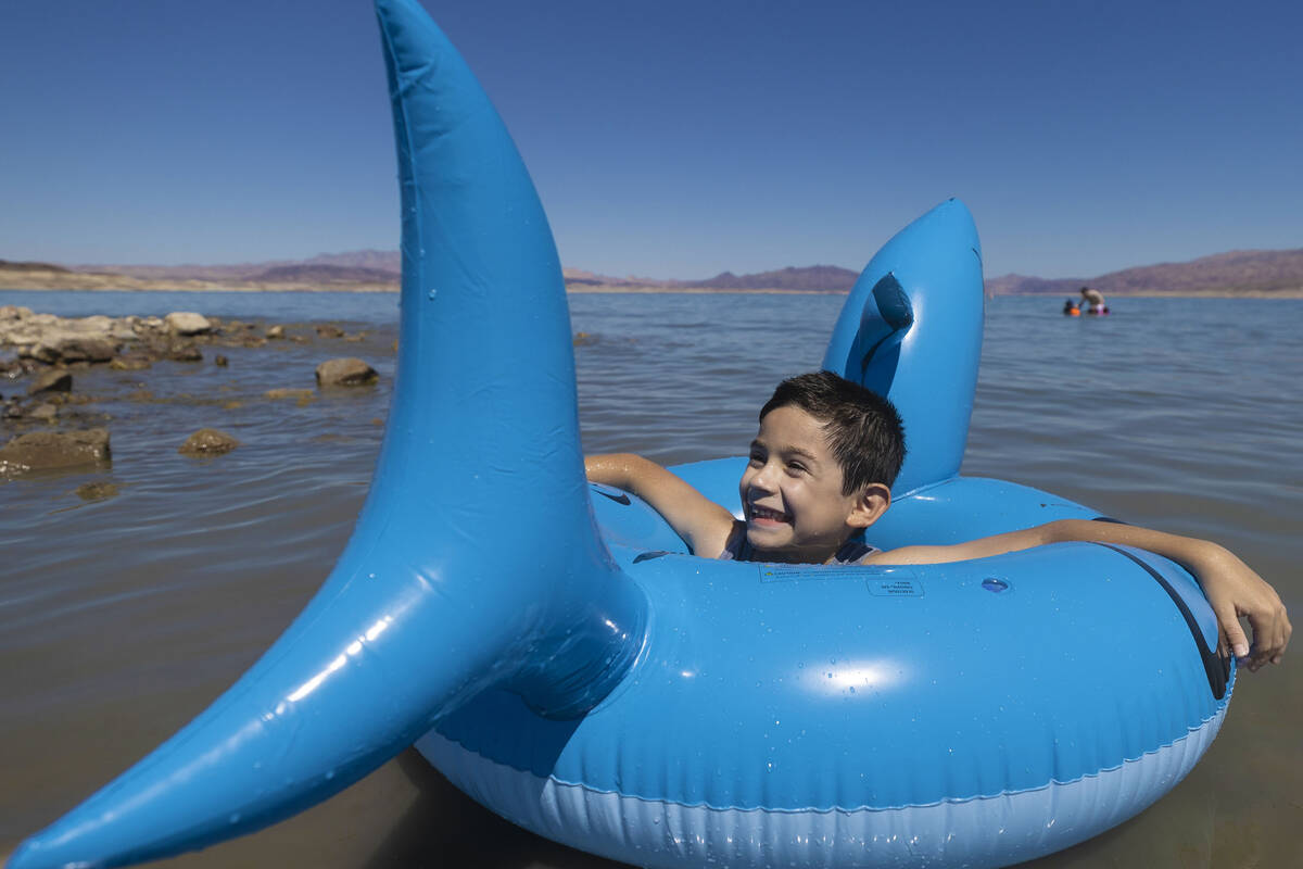 Mason Soto, 6, enjoys playing in Lake Mead on Labor Day on Monday, Sept. 6, 2021, near Boulder ...