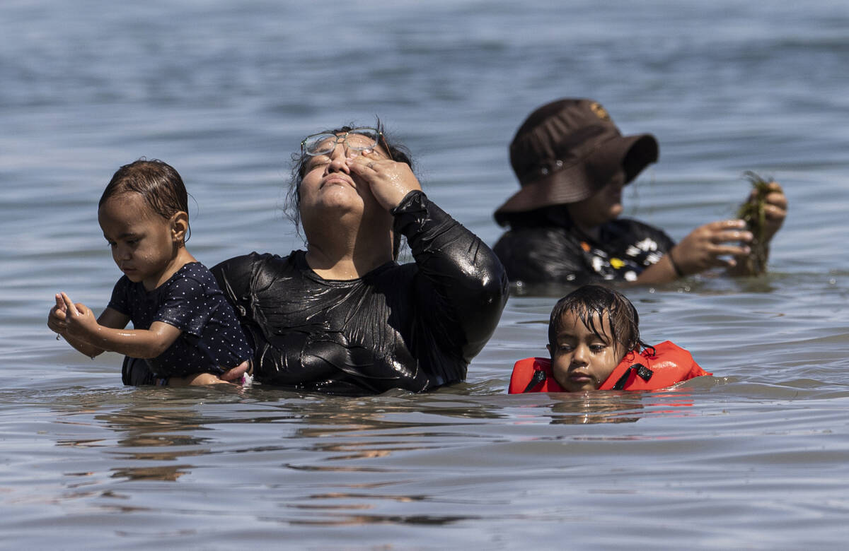 People try and stay cool in Lake Mead on Labor Day on Monday, Sept. 6, 2021, near Boulder City. ...