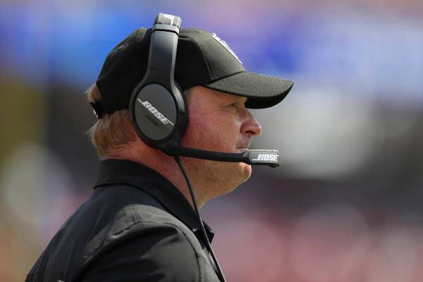 Las Vegas Raiders head coach Jon Gruden watches during the second half of his team's NFL presea ...
