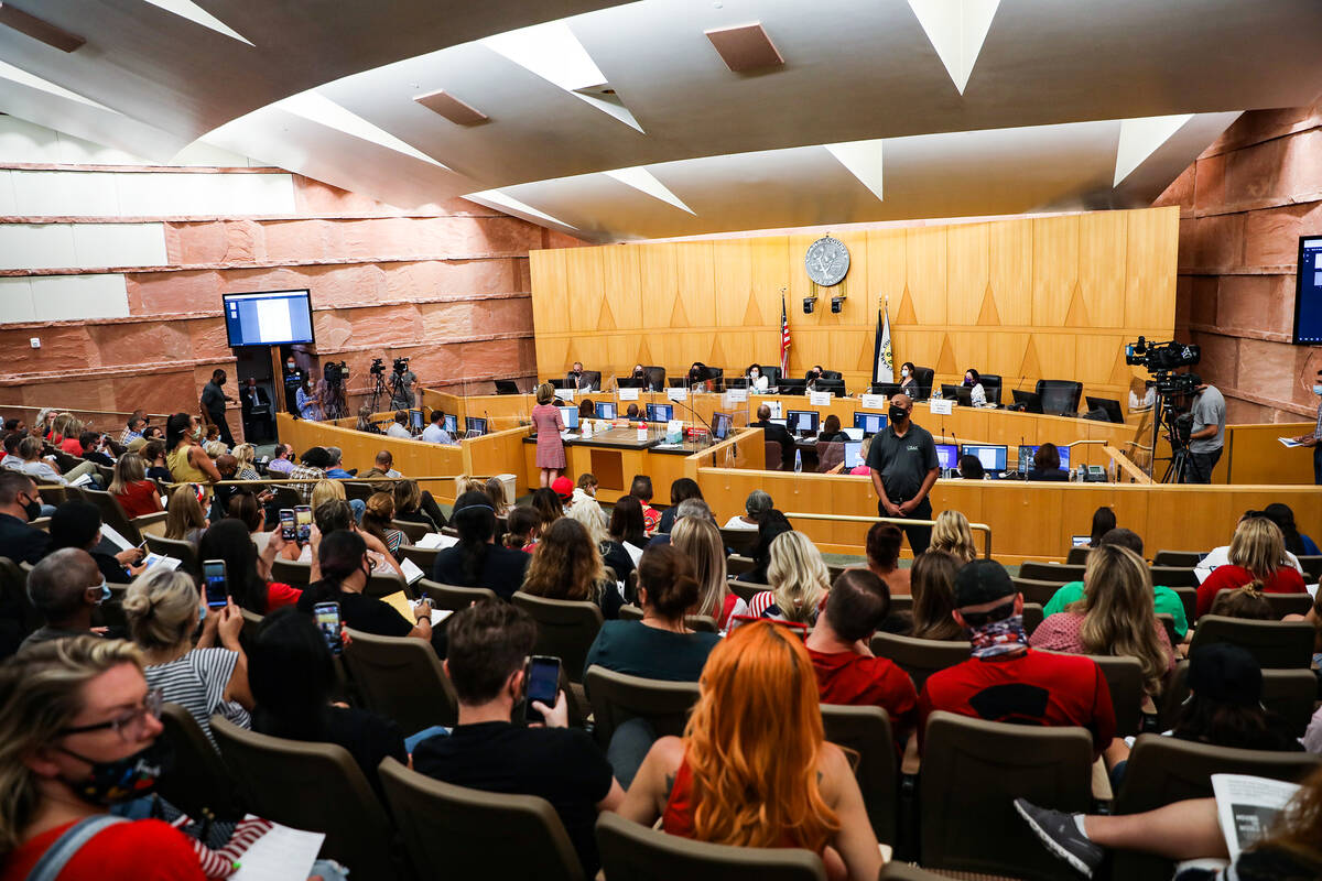 A full house of concerned citizens at a Clark County School Board meeting regarding the possibl ...