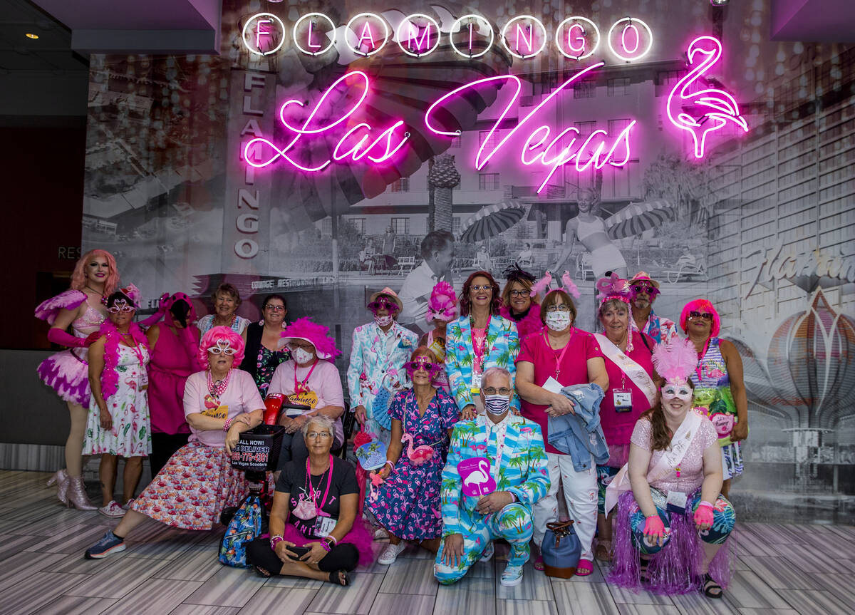 Costume contest competitors gather for a group photo at the 1st Annual Flamingo Fanatics Conven ...