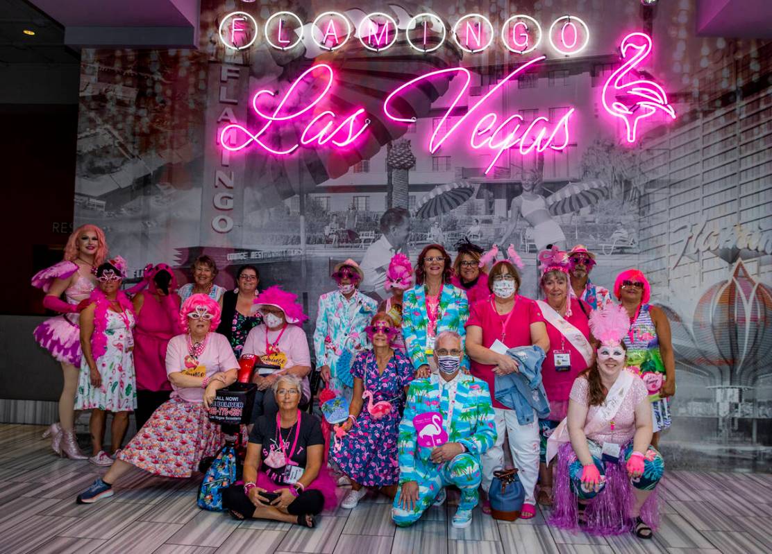Costume contest competitors gather for a group photo at the 1st Annual Flamingo Fanatics Conven ...