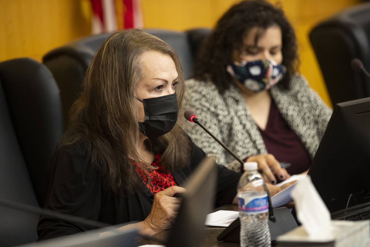 Clark County School District Board of Trustees president Linda Cavazos speaks during a board me ...