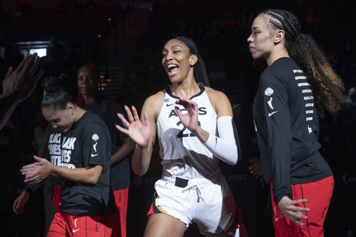 Las Vegas Aces forward A'ja Wilson (22) is announced in the starting lineup next to Las Vegas A ...