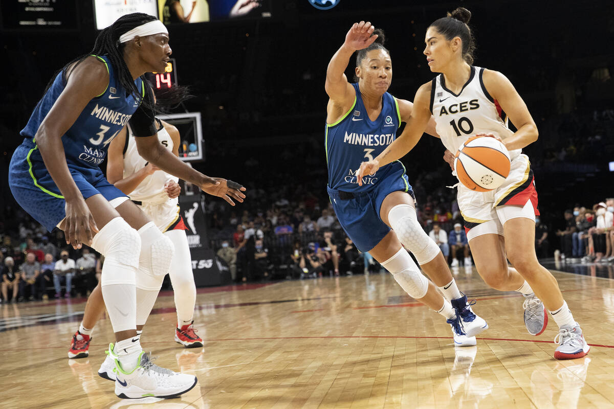 Las Vegas Aces guard Kelsey Plum (10) looks to pass while Minnesota Lynx forward/guard Aerial P ...