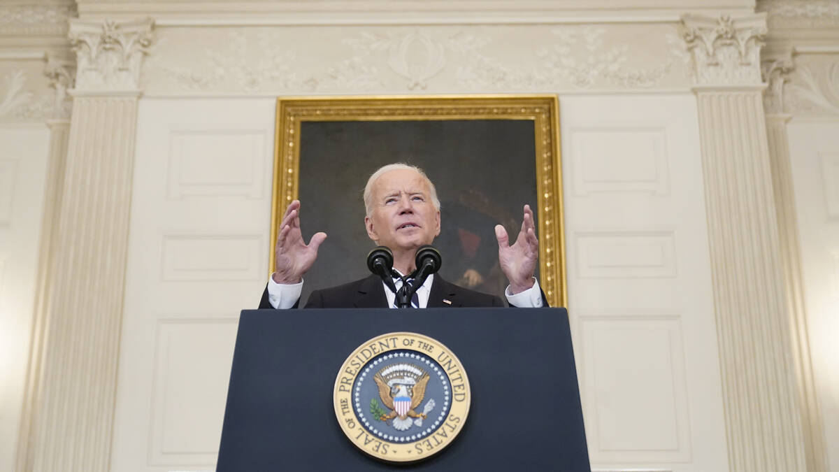 President Joe Biden speaks in the State Dining Room at the White House, Thursday, Sept. 9, 2021 ...