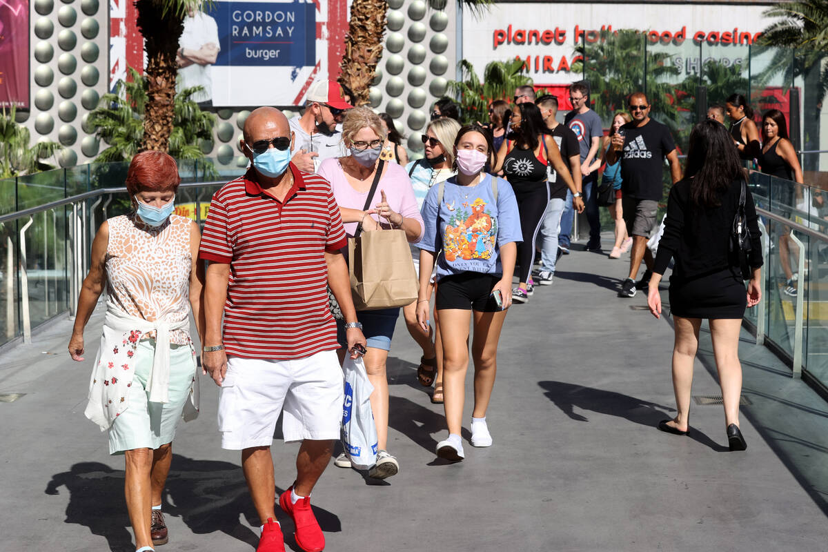 Labor Day weekend crowds on the pedestrian bridge between The Cosmopolitan of Las Vegas and Pla ...