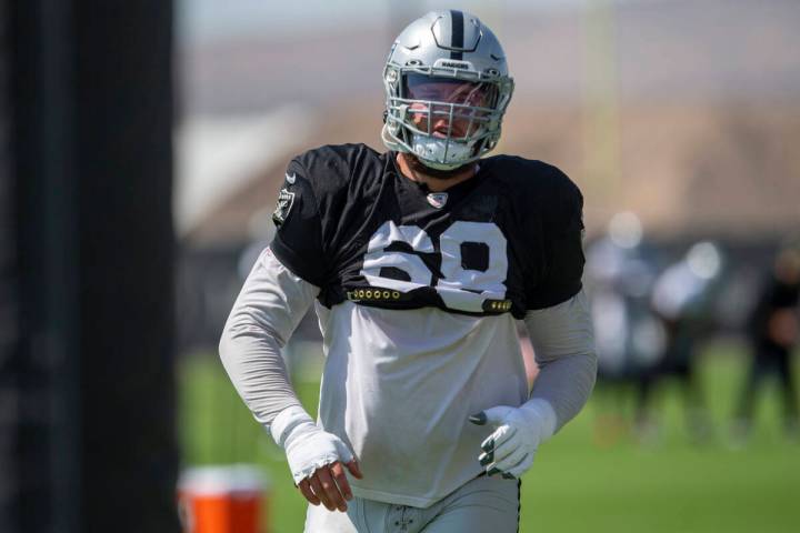 Raiders center Andre James (68) runs during team practice at the Raiders Headquarters at the In ...