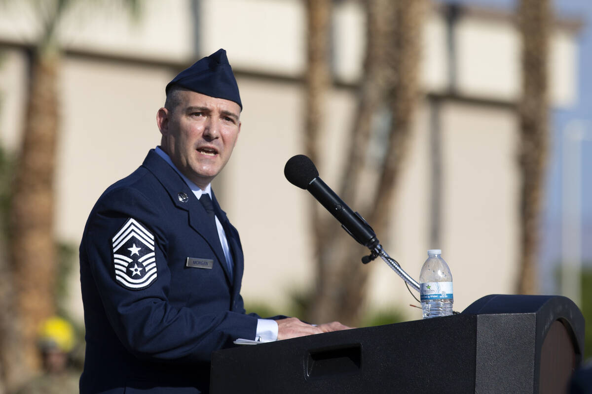 Chief Master Sgt. Alex Morgan speaks during the Nellis Fire and Emergency Services 9/11 Memoria ...