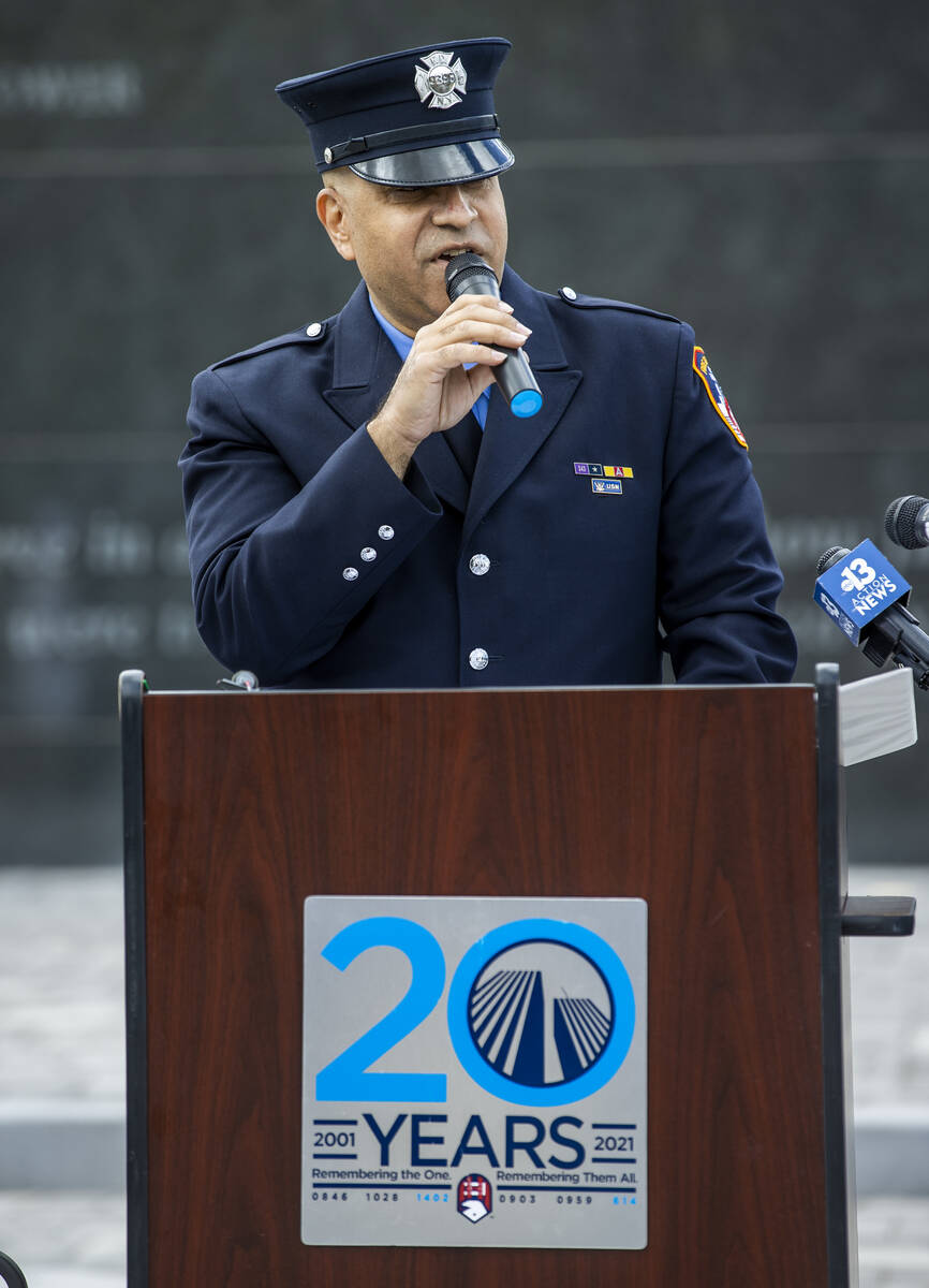 Retired New York firefighter Frank Pizarro speaks at the Nevada State Veterans Memorial on Marc ...