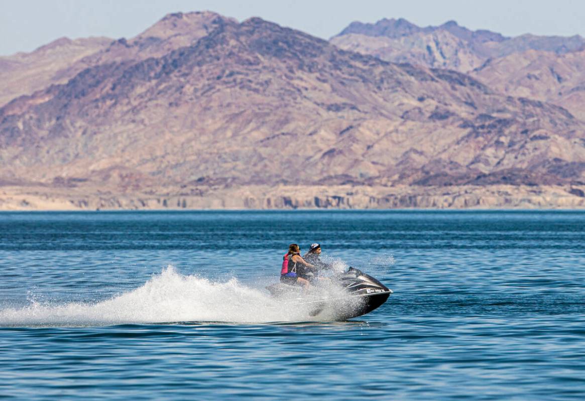 People jet ski at Lake Mead on Labor Day on Monday, Sept. 6, 2021, in Boulder City. (Benjamin H ...