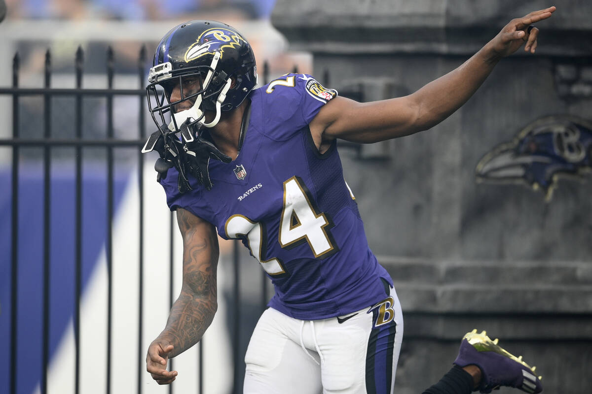 Baltimore Ravens cornerback Marcus Peters (24) prior to an NFL preseason football game against ...