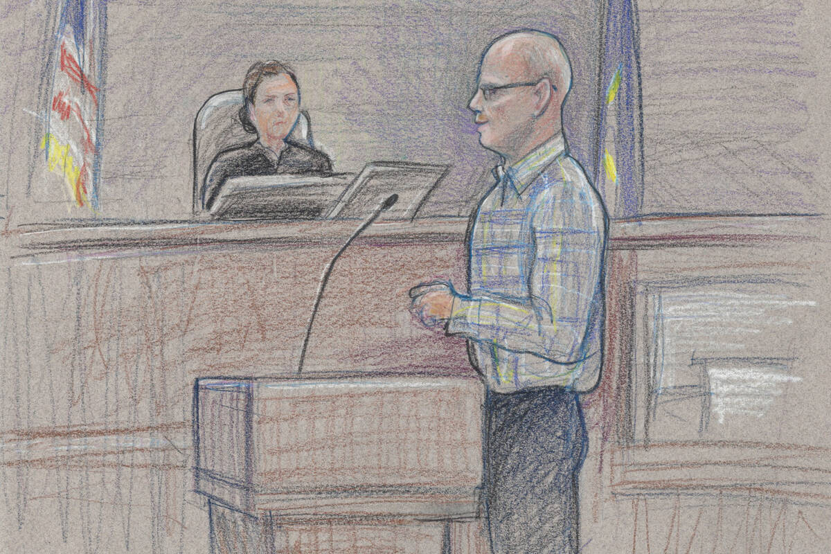Defendant Todd Engel, representing himself, faces the jury during opening statements as U.S. Di ...